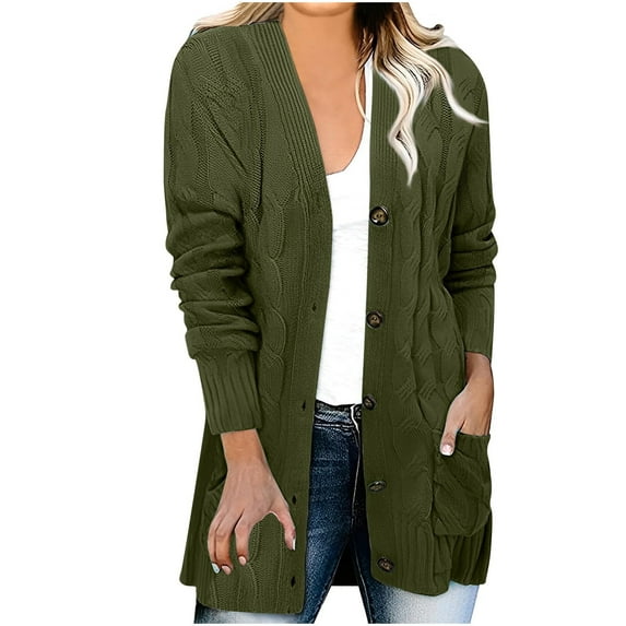 ZVNAΖH Women Button Down Cardigan Sweater Mid Length Cable Cardigan Solid Color Open Front Cardigan Casual Knit Sweater On Clearance