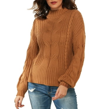 ZVNAΖH Women Pullover Sweaters for Fall and Winter Solid Color Pullover Sweaters Cable Knit Sweater Half High Collar Sweater On Clearance
