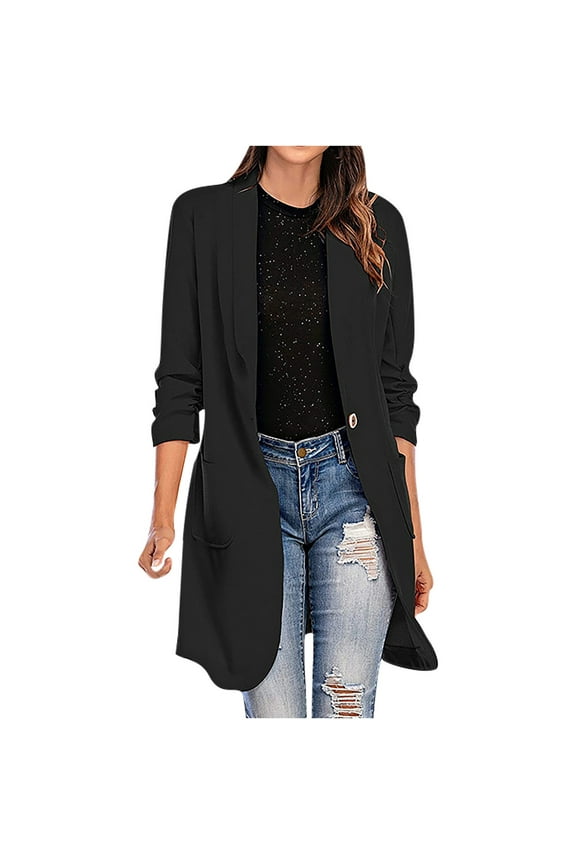 ZVNAΖH Women's 3/4 Ruched Sleeve Lightweight Work Office Blazer Knee Length One Button Lapel Collar Jackets with Pockets