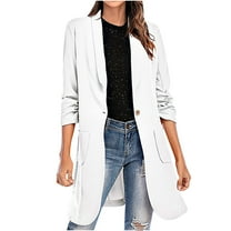 ZVNAΖH Women's 3/4 Ruched Sleeve Lightweight Work Office Blazer Knee Length One Button Lapel Collar Jackets with Pockets