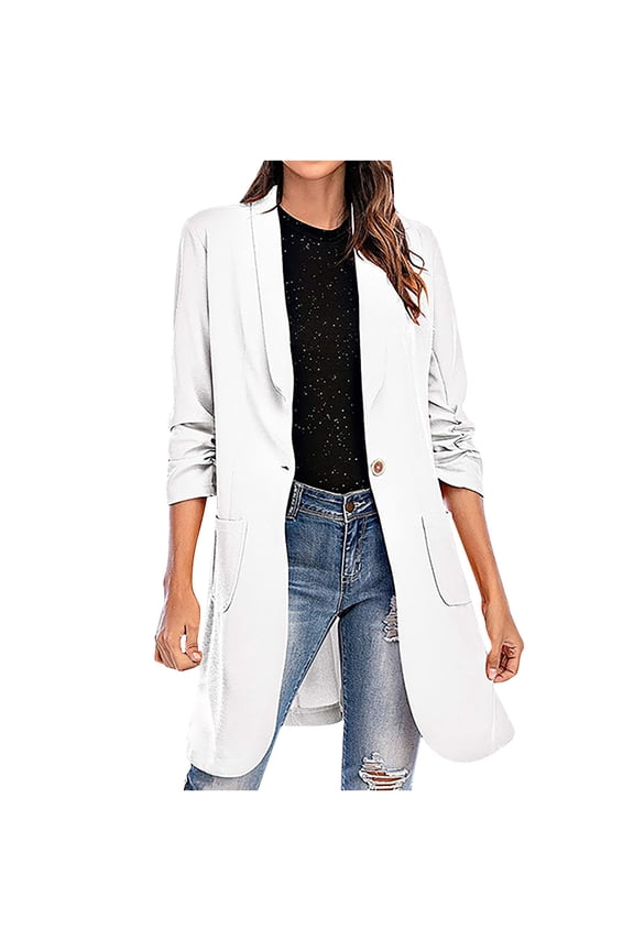 ZVNAΖH Women's 3/4 Ruched Sleeve Lightweight Work Office Blazer Knee Length One Button Lapel Collar Jackets with Pockets