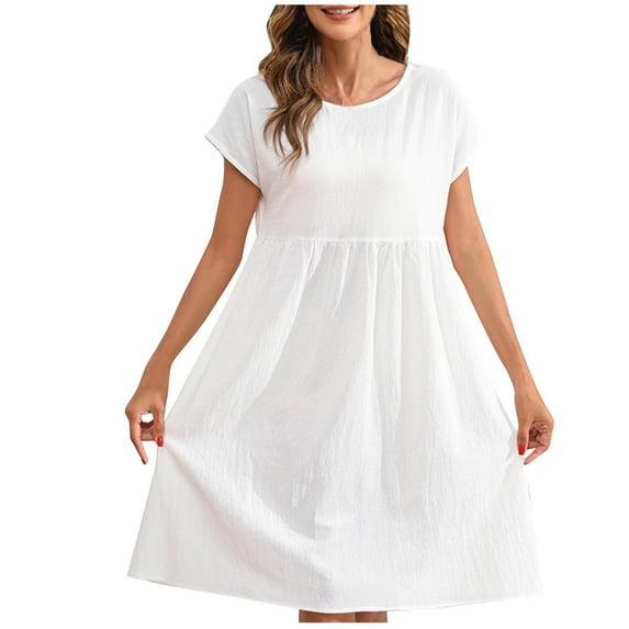ZVNAΖH Women's Cotton Linen Dress Summer Short Sleeve Crew Neck Swing Dress Pleated Front Midi Waist Knee Length Dress