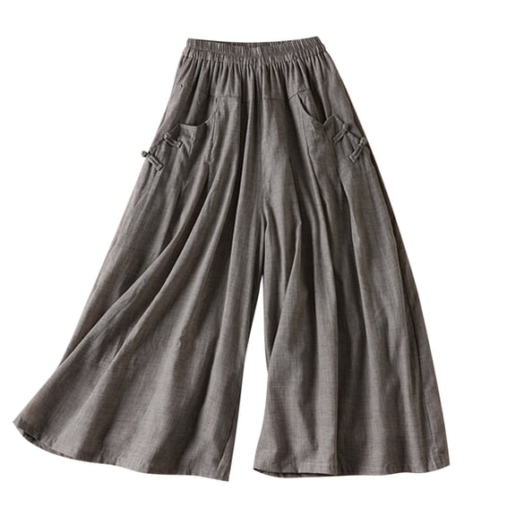 ZVNAΖH Women's Cotton and Linen Wide Leg Capri Pants Elastic Waist Retro Trousers with Pocket Summer Casual Cropped Pants