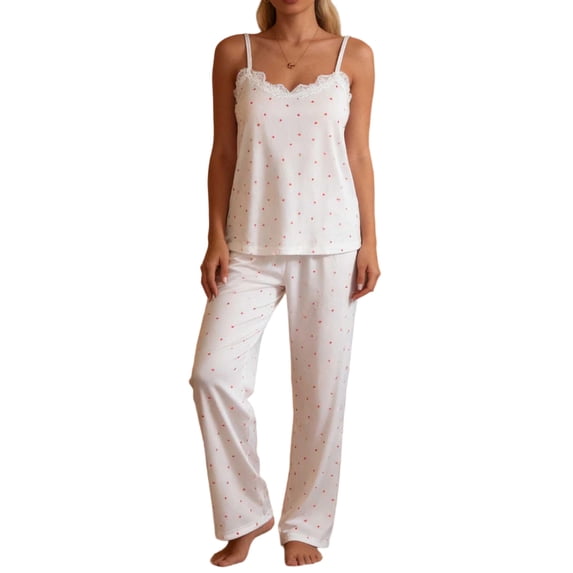 ZVNAΖH Women's Dot Print Cami Pajama Set, Lace Trim Spaghetti Strap Top & Long Pants, Sexy Loungewear, S-XL