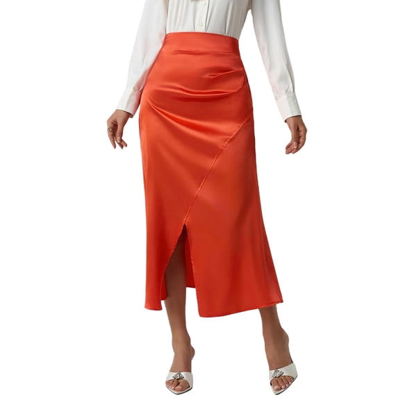 ZVNAΖH Women's Elegant Satin Midi Skirt, High Waist Ruched Wrap Asymmetrical Slit Skirt Ideal for Work & Evening Outfits