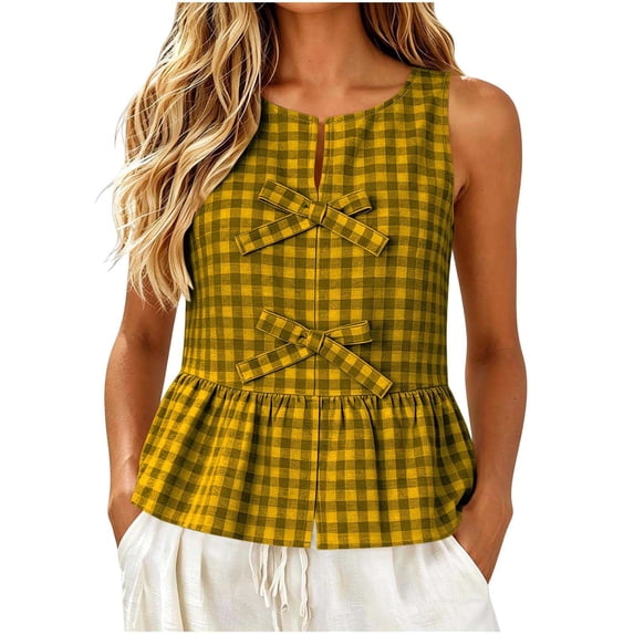 ZVNAΖH Women's Gingham Check Sleeveless Peplum Top, Crew Neck Bow Front Casual Blouse, S-2XL
