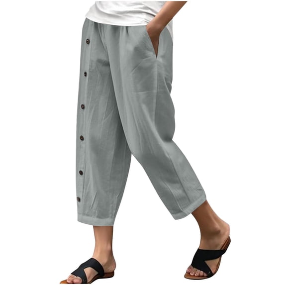 ZVNAΖH Women's Linen Capri Pants Casual Summer Elastic Waist Cropped Pants with Pockets Button Trim On The Side, S-2XL
