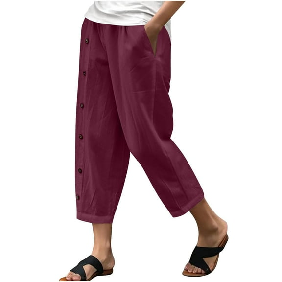 ZVNAΖH Women's Linen Capri Pants Casual Summer Elastic Waist Cropped Pants with Pockets Button Trim On The Side, S-2XL