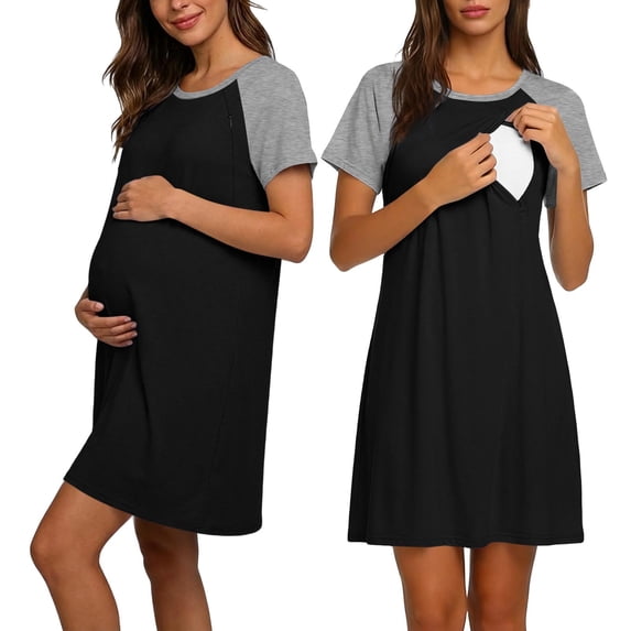 ZVNAΖH Women's Maternity Nursing Dress, Colorblock Raglan Sleeve Breastfeeding Knee Length Dress with Hidden Zipper for Pregnancy, S-2XL