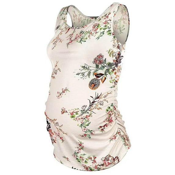 ZVNAΖH Women's Maternity Tank Top Basic Scoop Neck Floral Print Sleeveless Pregnancy T-Shirt Side Ruched Vest