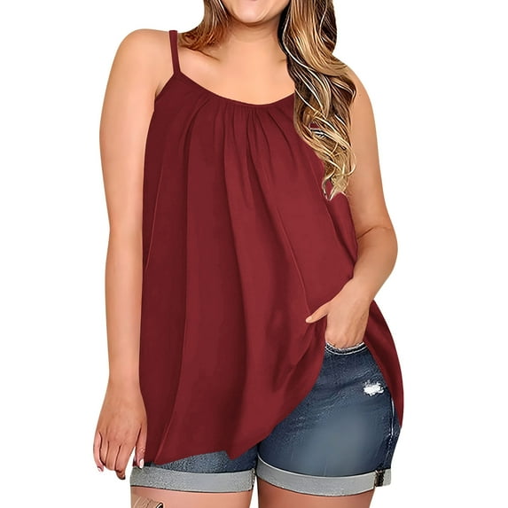 ZVNAΖH Women's Plus Size Camisole Spaghetti Strap Stretch Tops Summer Casual Pleated Blouses Comfy Solid Sleeveless Tanks, L-5XL