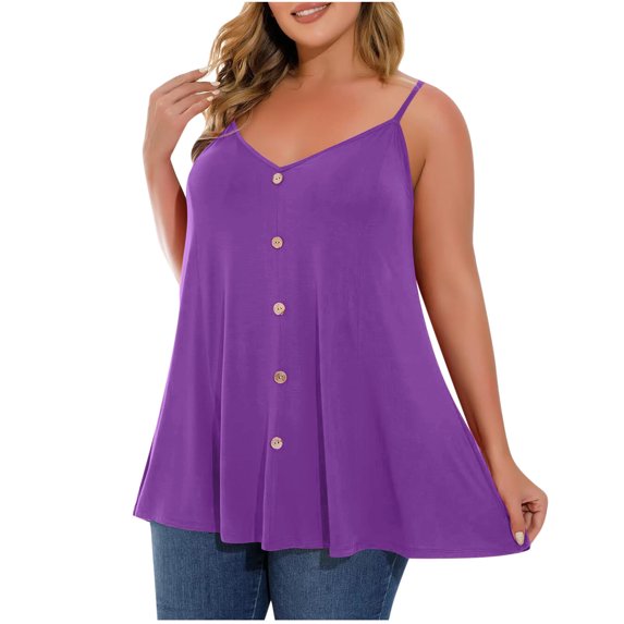 ZVNAΖH Women's Plus Size Camisole Tops Adjustable Spaghetti Strap Tank Top Summer Casual V Neck Button Pleated Hem Tanks
