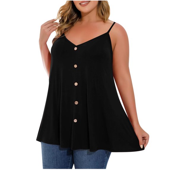 ZVNAΖH Women's Plus Size Camisole Tops Adjustable Spaghetti Strap Tank Top Summer Casual V Neck Button Pleated Hem Tanks
