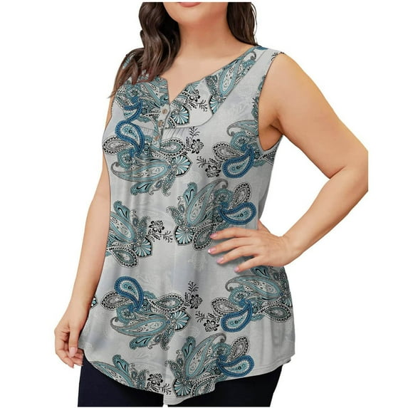 ZVNAΖH Women's Plus Size Tank Tops Henley Button Sleeveless T-shirts Summer Casual Print Tunic Tops, L-5XL