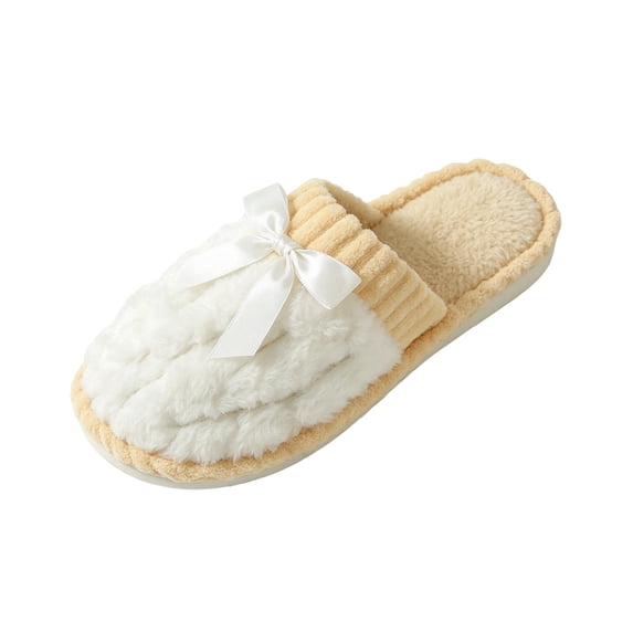 ZVNAΖH Women's Plush Bow Slippers Closed Toe Winter Warm Indoor House Shoes Non-Slip Flat Slides