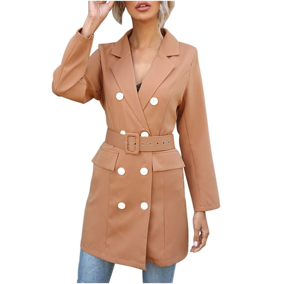 ZVNAΖH Women's Professional Blazer Slim Fit Long Sleeve Double Breasted Jackets Solid Color Lapel Collar Blazer Jacket with Belt