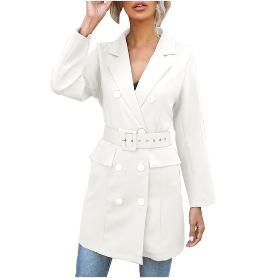 ZVNAΖH Women's Professional Blazer Slim Fit Long Sleeve Double Breasted Jackets Solid Color Lapel Collar Blazer Jacket with Belt