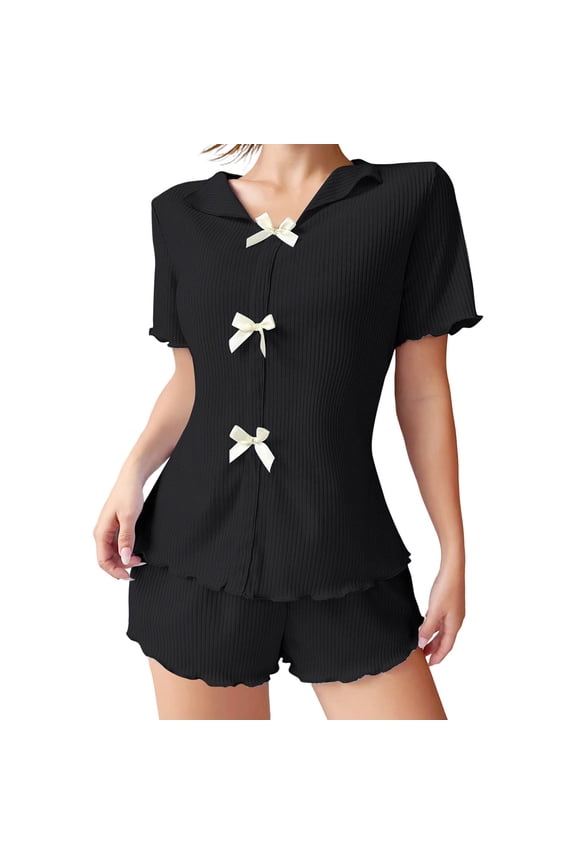 ZVNAΖH Women's Ribbed Knit Pajama Set, Bow Detail Notch Collar Short Sleeve Top & Shorts, Summer Loungewear, S-XL