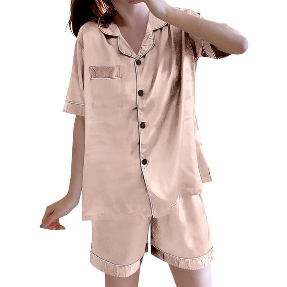 ZVNAΖH Women's Satin Pajama Set, Notch Collar Short Sleeve Top & Shorts, Summer Loungewear, Holiday Gift, Plus Size Available, M-5XL