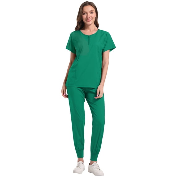 ZVNAΖH Women's Scrub Set, Quarter Zip Up Crew Neck Stretch Top & Jogger Pants, Medical Nursing Uniforms Set