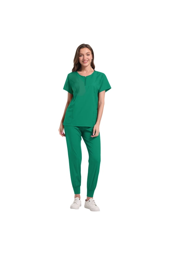 ZVNAΖH Women's Scrub Set, Quarter Zip Up Crew Neck Stretch Top & Jogger Pants, Medical Nursing Uniforms Set