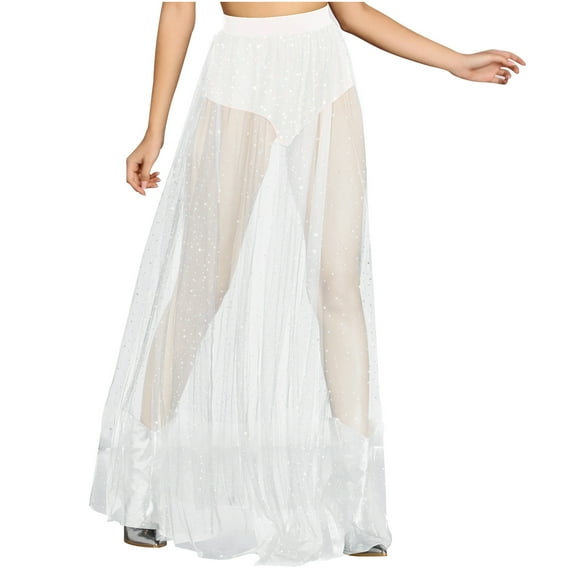 ZVNAΖH Women's Sheer Mesh Long Flowy Tulle Skirt Pleated Skirt Lace Shiny Star Skirt High Waist Swing Skirt