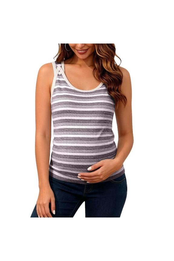 ZVNAΖH Women's Striped Maternity Nursing Tank Top, Cotton Knit Sleeveless Shirt with Built-in Bra for Summer, M-2XL