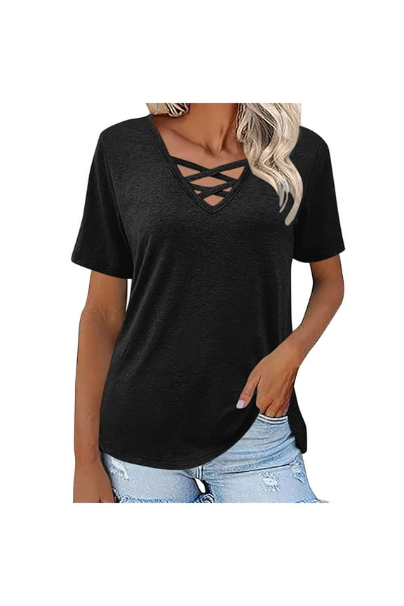 ZVNAΖH Women's Summer Tops Crossover V Neck Short Sleeve T-shirts Casual Comfy Basic Solid Tees