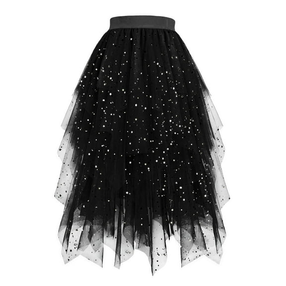 ZVNAΖH Women's Tutu Skirt Tulle Mesh Layered Midi Skirt Elastic Waist Puffy Fairy Skirts Silver Star Print Skirt