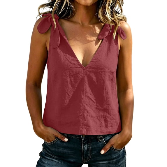 ZVNAΖH Women's V-Neck Tie Shoulder Tank Top, Linen Sleeveless Cami for Summer Casual, M-3XL