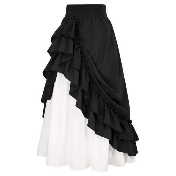 ZVNAΖH Women's Vintage Gothic Skirt Medieval Ruffles Hem Double Layer Maxi Skirt Show Outfits Halloween Cosplay Performance Skirt