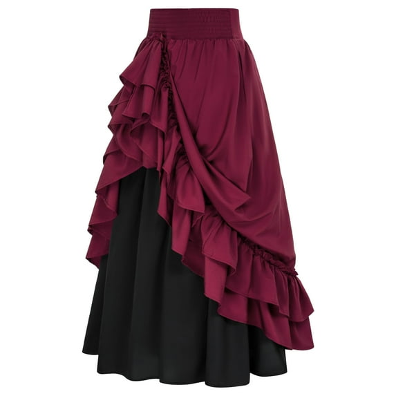 ZVNAΖH Women's Vintage Gothic Skirt Medieval Ruffles Hem Double Layer Maxi Skirt Show Outfits Halloween Cosplay Performance Skirt