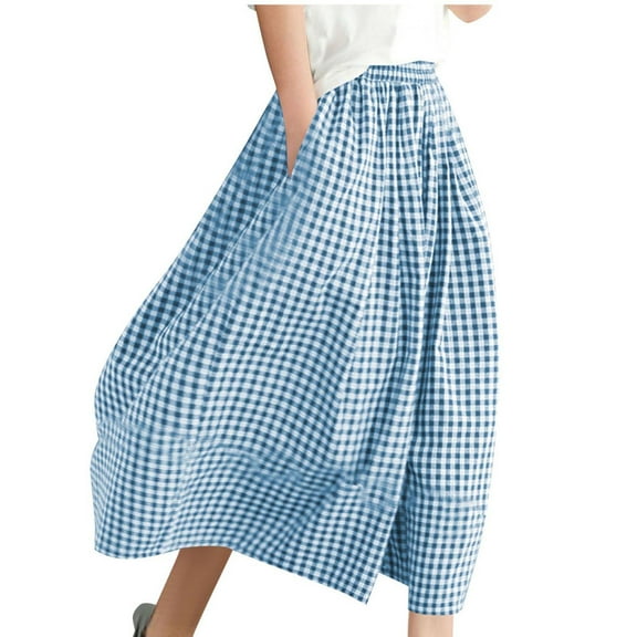 ZVNAΖH Women's Wide Leg Seven-point Trousers Cotton Gingham Plaid Culottes Summer Casual Elastic Waist Capri Pants with Pockets