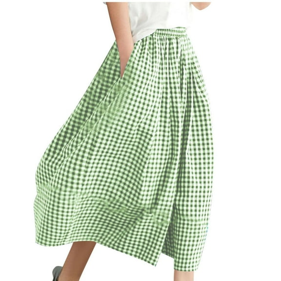 ZVNAΖH Women's Wide Leg Seven-point Trousers Cotton Gingham Plaid Culottes Summer Casual Elastic Waist Capri Pants with Pockets
