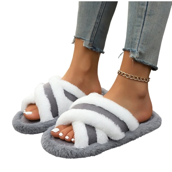 ZVNAΖH Women's Winter Thick Sole Plush Slippers Warm Fluffy Crisscross Strap Indoor Outdoor House Shoes