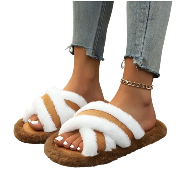 ZVNAΖH Women's Winter Thick Sole Plush Slippers Warm Fluffy Crisscross Strap Indoor Outdoor House Shoes