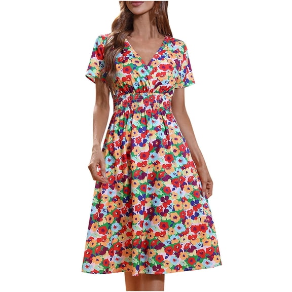 ZVNAΖH Womens 2025 Summer Short Sleeve V Neck Swing Dress A Line Flowy Beach Vacation Go Out Fashion Print Dresses