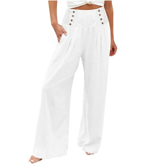 ZVNAΖH Womens Casual Linen Pants with Pockets Wide Leg Pants Women Petite Length Solid Button Decoration Simple Daily Long Pants
