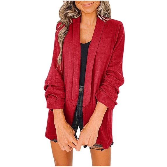 ZVNAΖH Womens Casual Office Blazer Jackets Front Open Cardigan Work Suit Linen Ruched Cuff Lapel Collar Outerwear