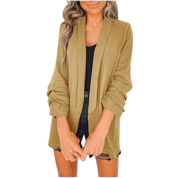 ZVNAΖH Womens Casual Office Blazer Jackets Front Open Cardigan Work Suit Linen Ruched Cuff Lapel Collar Outerwear