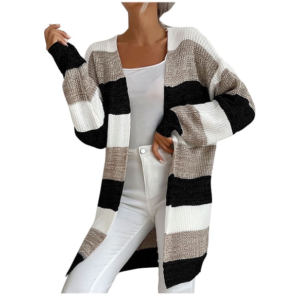 ZVNAΖH Womens Color Block Cardigan Casual Open Front Sweater Lightweight Mid Length Knit Cardigan Striped Cardigan Sweaters On Clearance