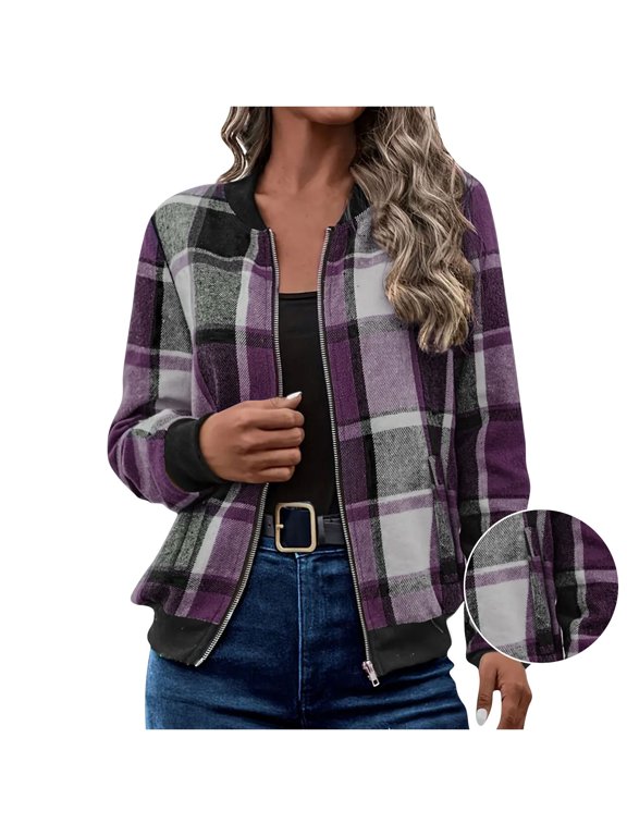 ZVNAΖH Womens Elegant Plaid Baseball Jacket Fashion Streetwear Full Zip Up Bomber Jacket 2025 Fall Short Outerwear with Pockets