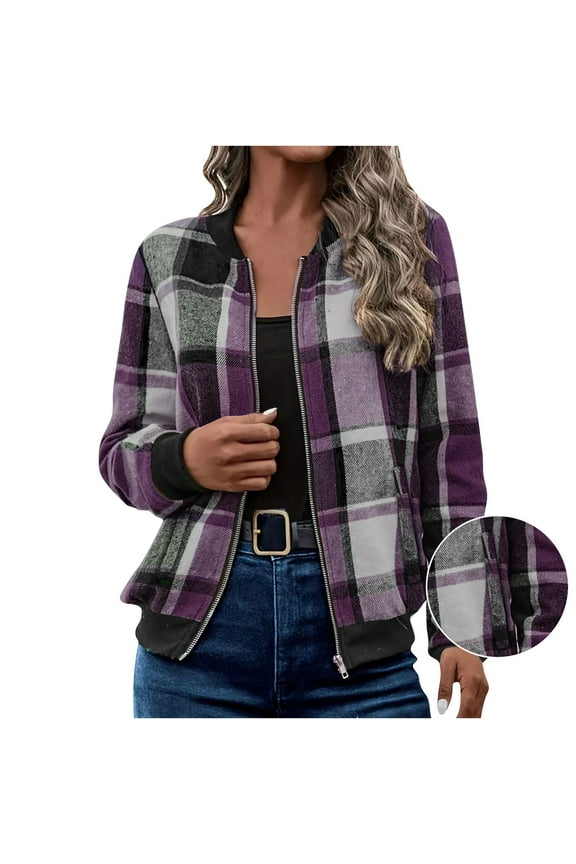 ZVNAΖH Womens Elegant Plaid Baseball Jacket Fashion Streetwear Full Zip Up Bomber Jacket 2025 Fall Short Outerwear with Pockets