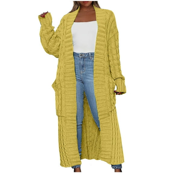 ZVNAΖH Womens Long Cardigan Sweaters with Pockets, 2024 Winter Open Front Coat Long Sleeve Cable Knit Outerwear On Clearance