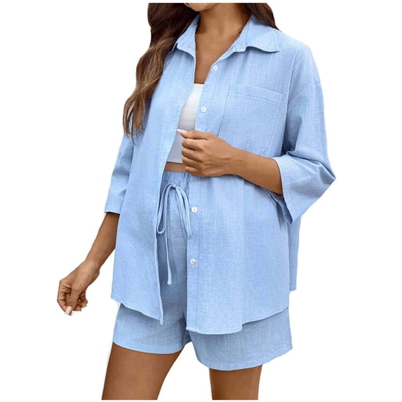 ZVNAΖH Womens Maternity Sets 2 Piece Outfits Summer Daily Wear Lounge Set Linen Loose Turn Down Collar Shirt Top Shorts Set