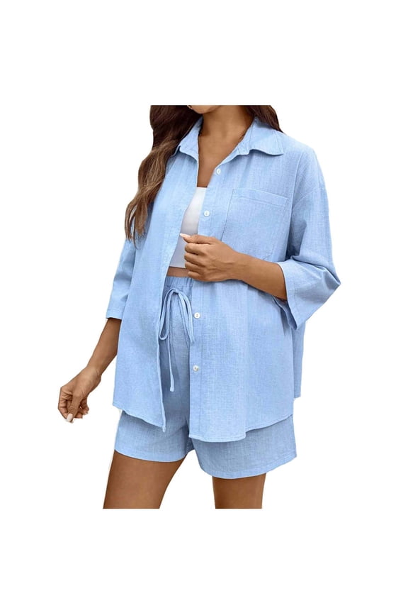 ZVNAΖH Womens Maternity Sets 2 Piece Outfits Summer Daily Wear Lounge Set Linen Loose Turn Down Collar Shirt Top Shorts Set
