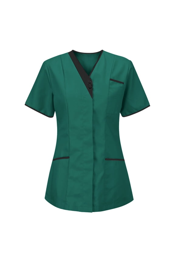 ZVNAΖH Womens Scrub Tops Nurses Work Tunic Uniform Clinic Carer Protective Clothing Button V Neck Short Sleeve Scrub Shirts