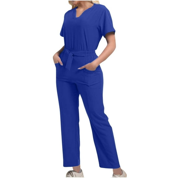 ZVNAΖH Womens Scrubs Set Casual Workwear Drawstring Threaded Pant Legs 2PC, V Neck Stretch Scrub Top & Straight Leg Pants