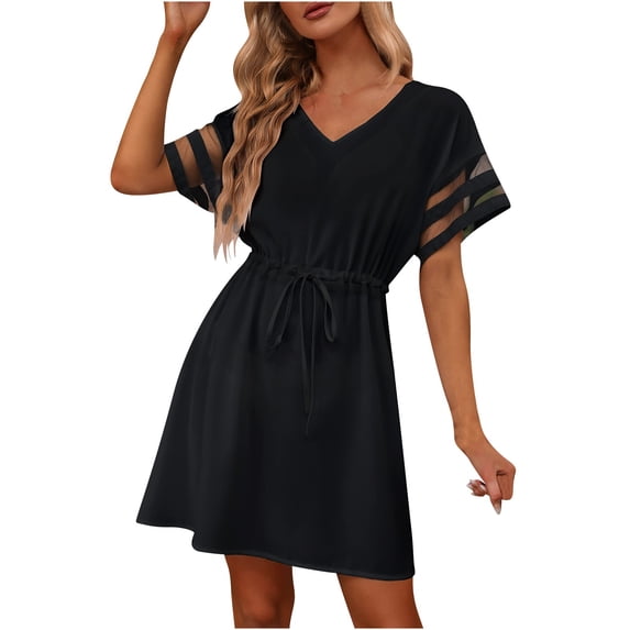 ZVNAΖH Womens Swimsuit Coverup Beach Dress V Neck Chiffon Bathing Suit Cover Ups Swimwear Dress Tie Waist A Line Dress