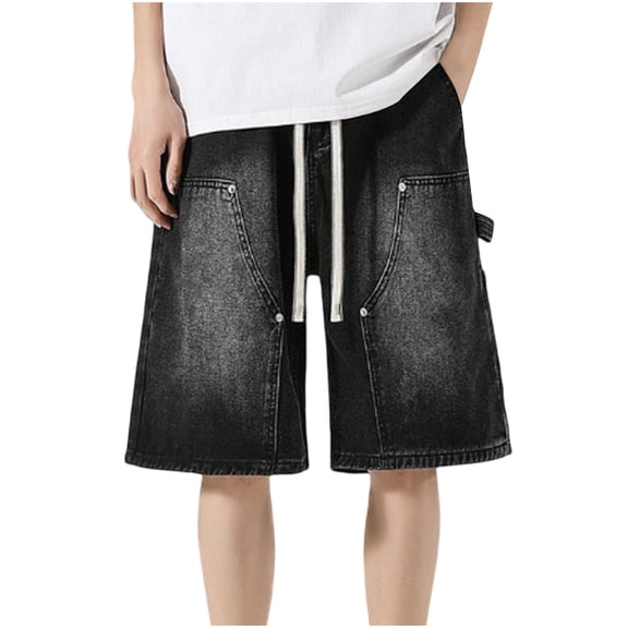 ZVNAΖH Young Men's Loose Denim Shorts Baggy Casual Wide Leg Drawstring Elastic Waist Hip Hop Shorts with Pockets Streetwear